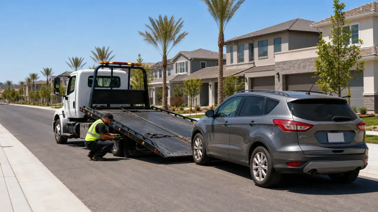 A flatbed tow truck responding to a vehicle breakdown on a wide new-construction street in Eastvale, CA