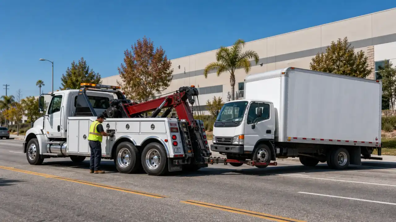 A heavy-duty tow truck assisting a commercial vehicle on Sierra Avenue in Fontana, CA