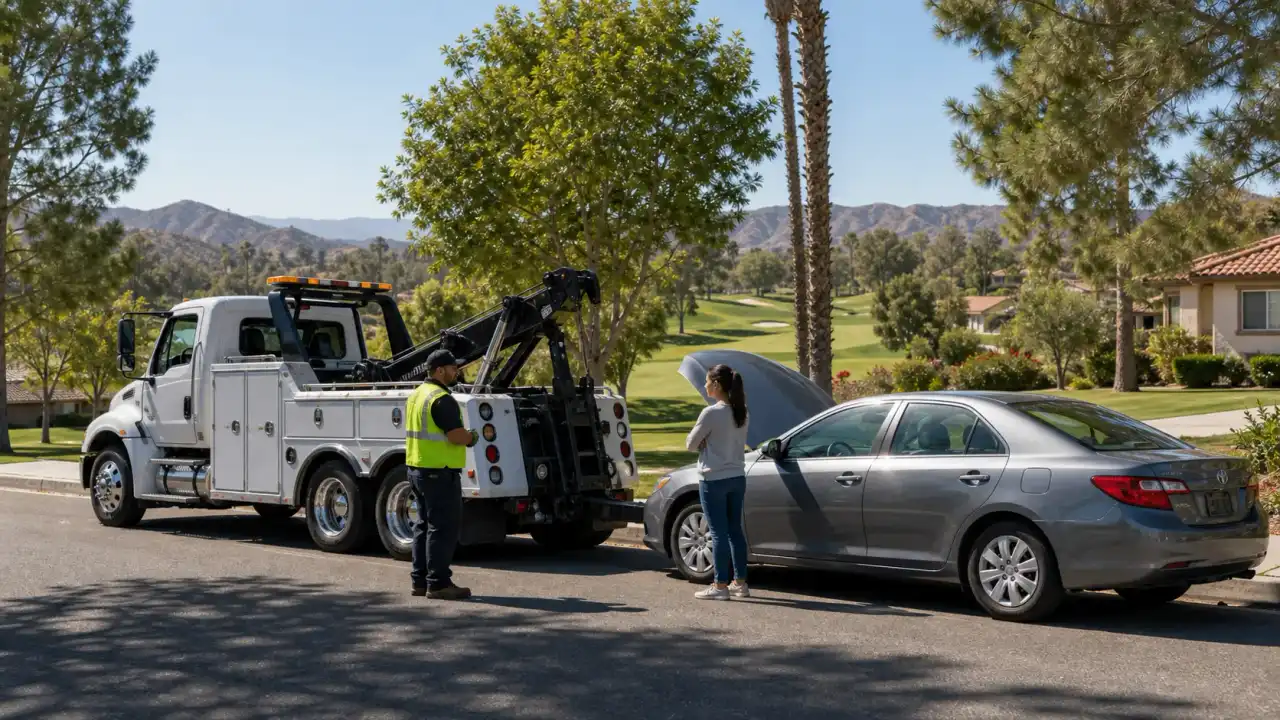 A tow truck assisting a driver on a residential street near Indian Hills Golf Club in Indian Hills, CA