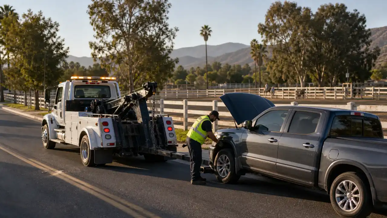 A tow truck assisting a vehicle on a Norco street with horse trail visible in the foreground, Norco, CA