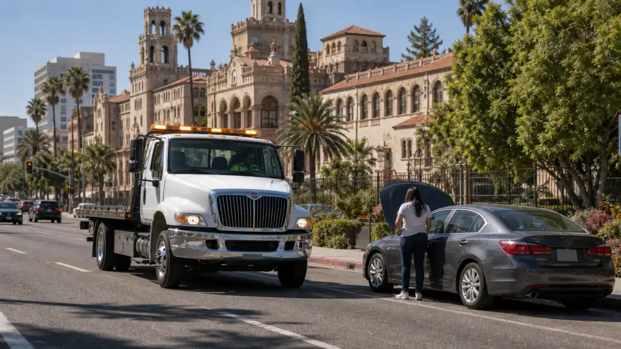 A tow truck responding to a breakdown near downtown Riverside, CA with the Mission Inn visible in the background