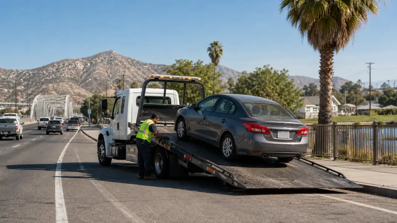 A flatbed tow truck on Mission Boulevard in Rubidoux, CA loading a passenger vehicle