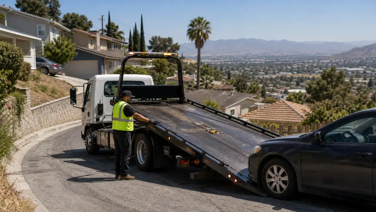 A flatbed tow truck navigating a hillside residential street in Sunnyslope, CA