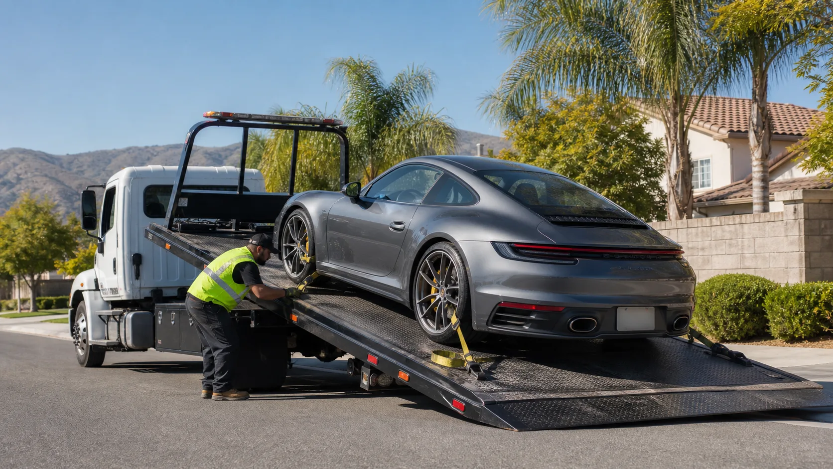A flatbed tow truck securing a lowered sports car on its deck in Jurupa Valley, CA