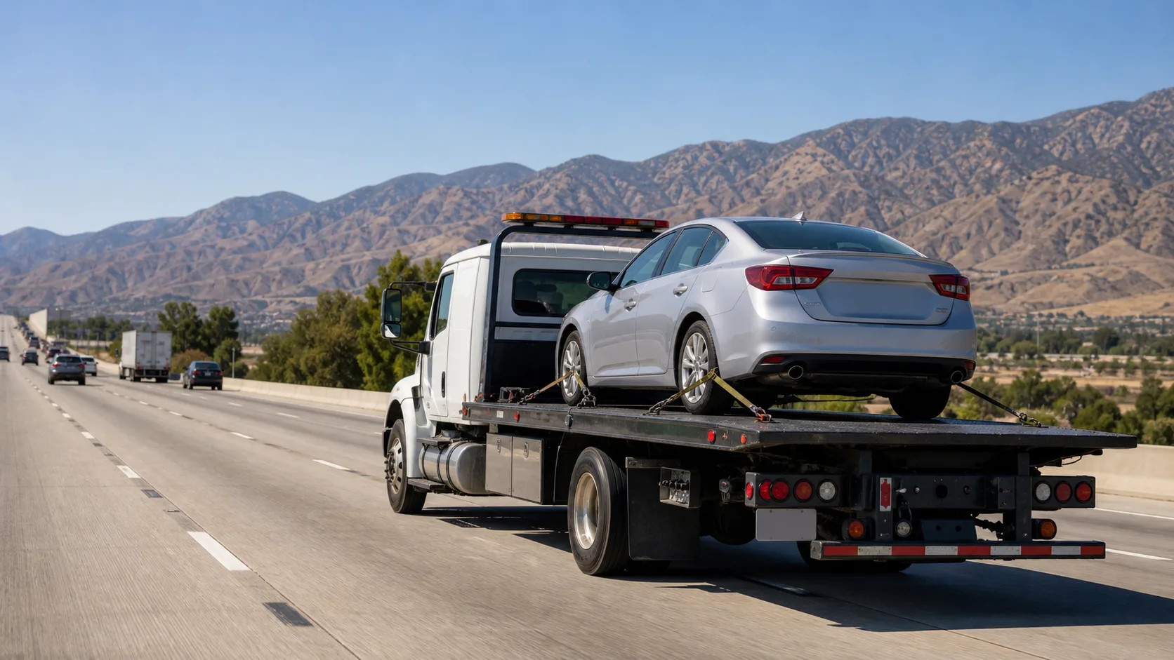 A flatbed tow truck on a California interstate highway carrying a vehicle from Jurupa Valley, CA