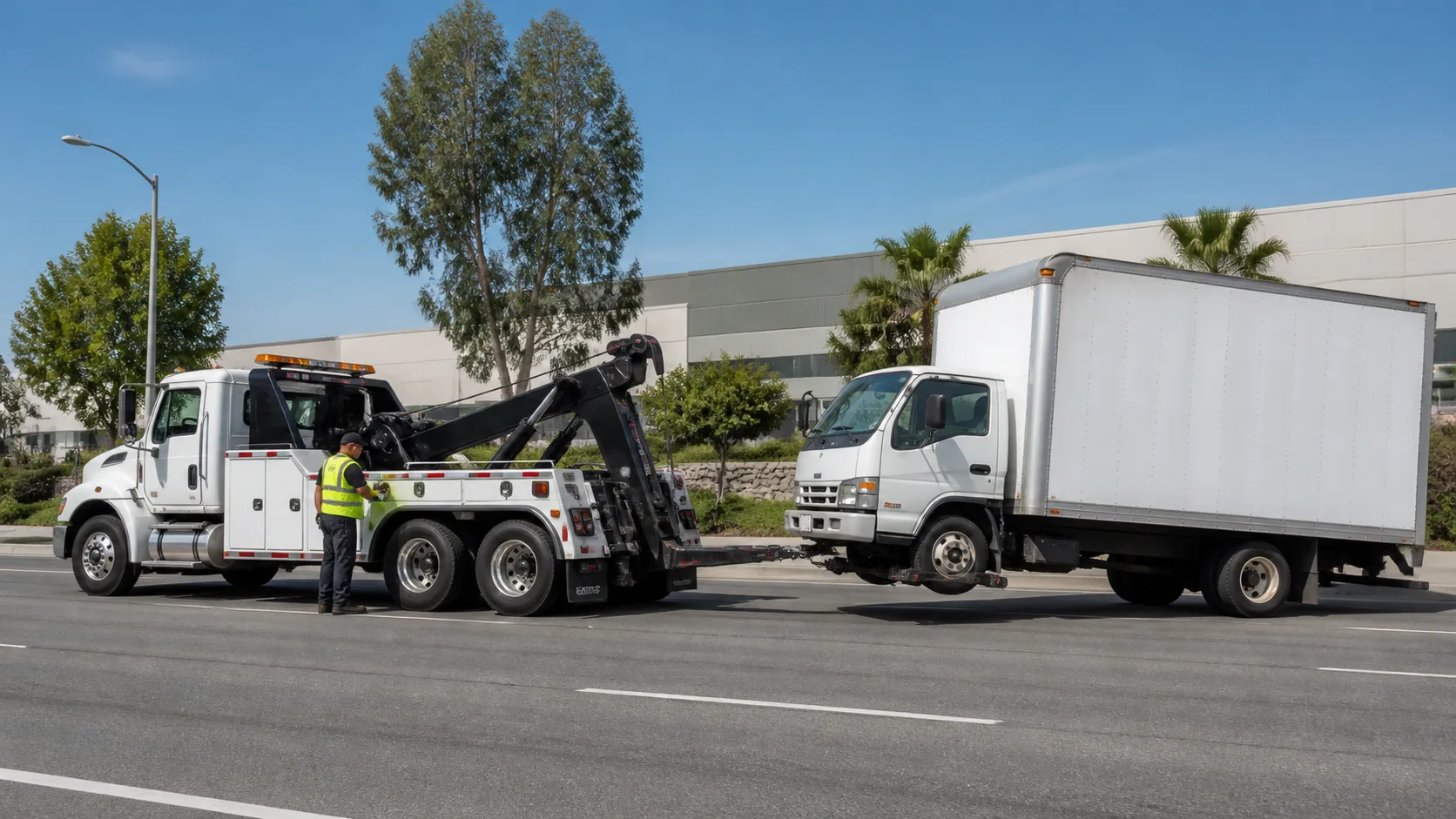 A medium-duty wrecker towing a white box truck on an industrial road in Jurupa Valley, CA