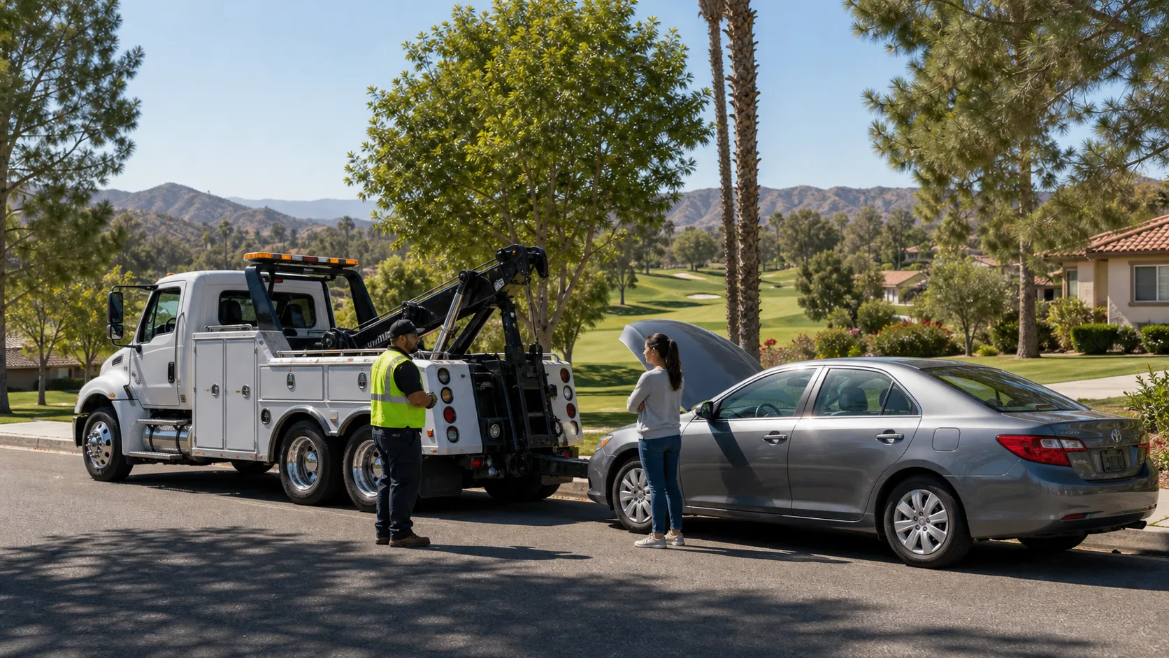 A tow truck assisting a driver on a residential street near Indian Hills Golf Club in Indian Hills, CA