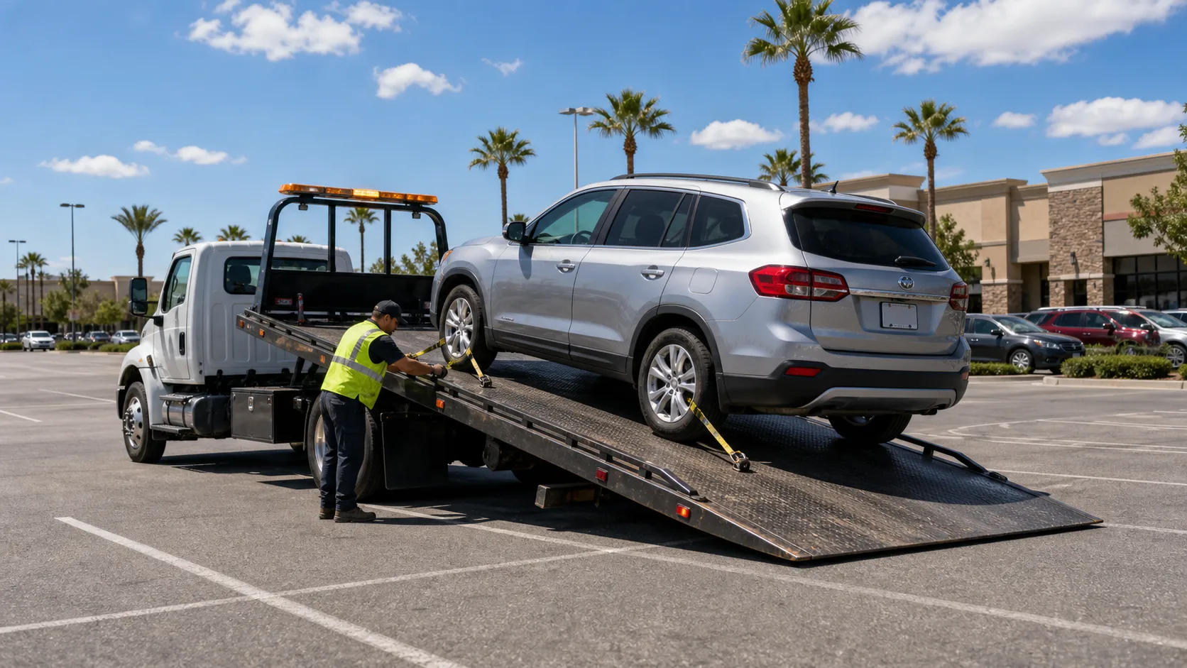 A tow truck loading a passenger vehicle near the Ontario Mills area in Ontario, CA